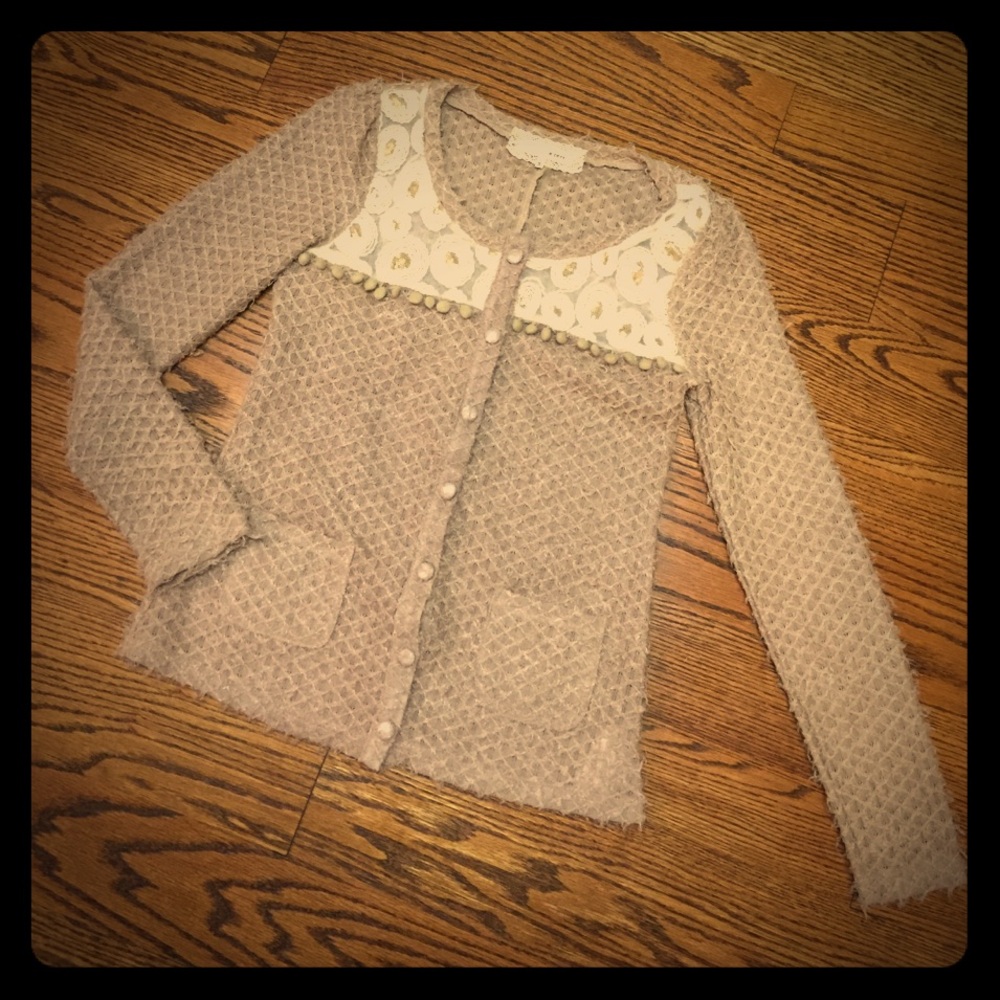 S amazing taupe Cardigan gold sequins a'reve sheer